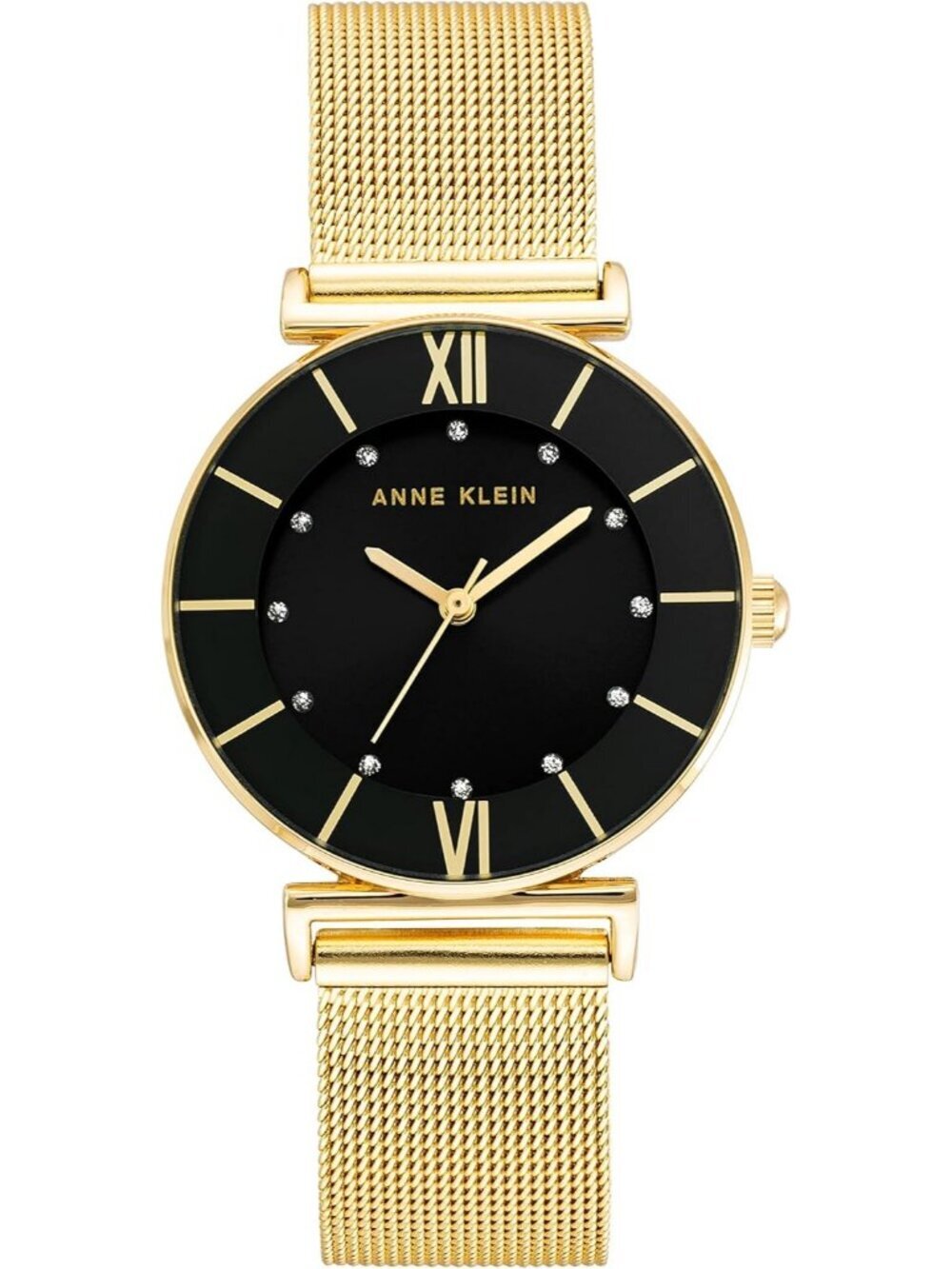Women's Black Gold Analog Japanese Quartz Glitter Accented Mesh Bracelet Watch